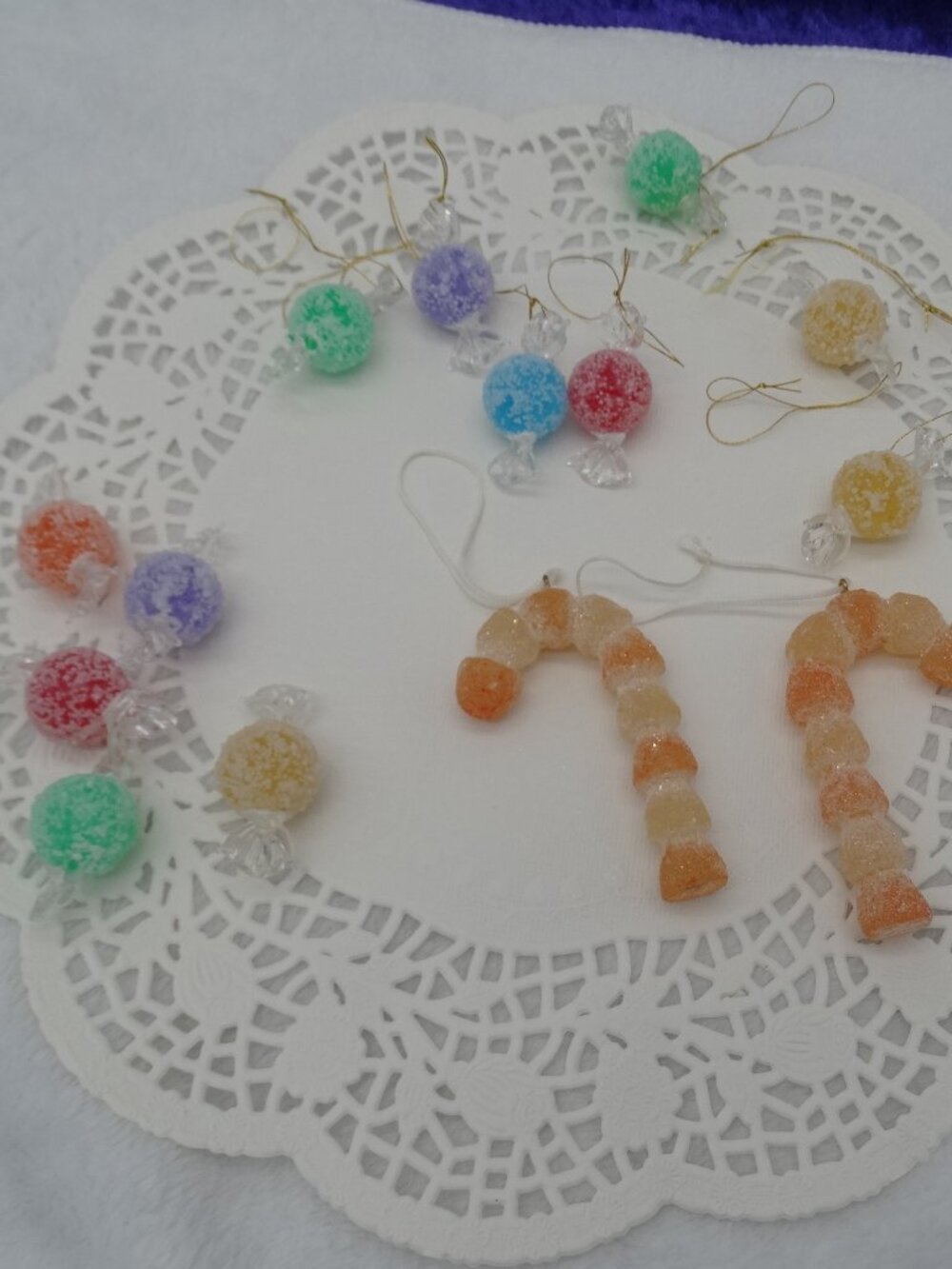 Vtg. Lot of Sugar Frosted Plastic 12 Candies and 2 Gumdrop Candy Cane Ornaments